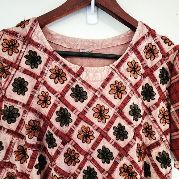 Vtg Embroidered Tie Dye Plaid Empire Waist Short Sleeve Maxi Dress Sz S Boho Y2K - Picture 5 of 16